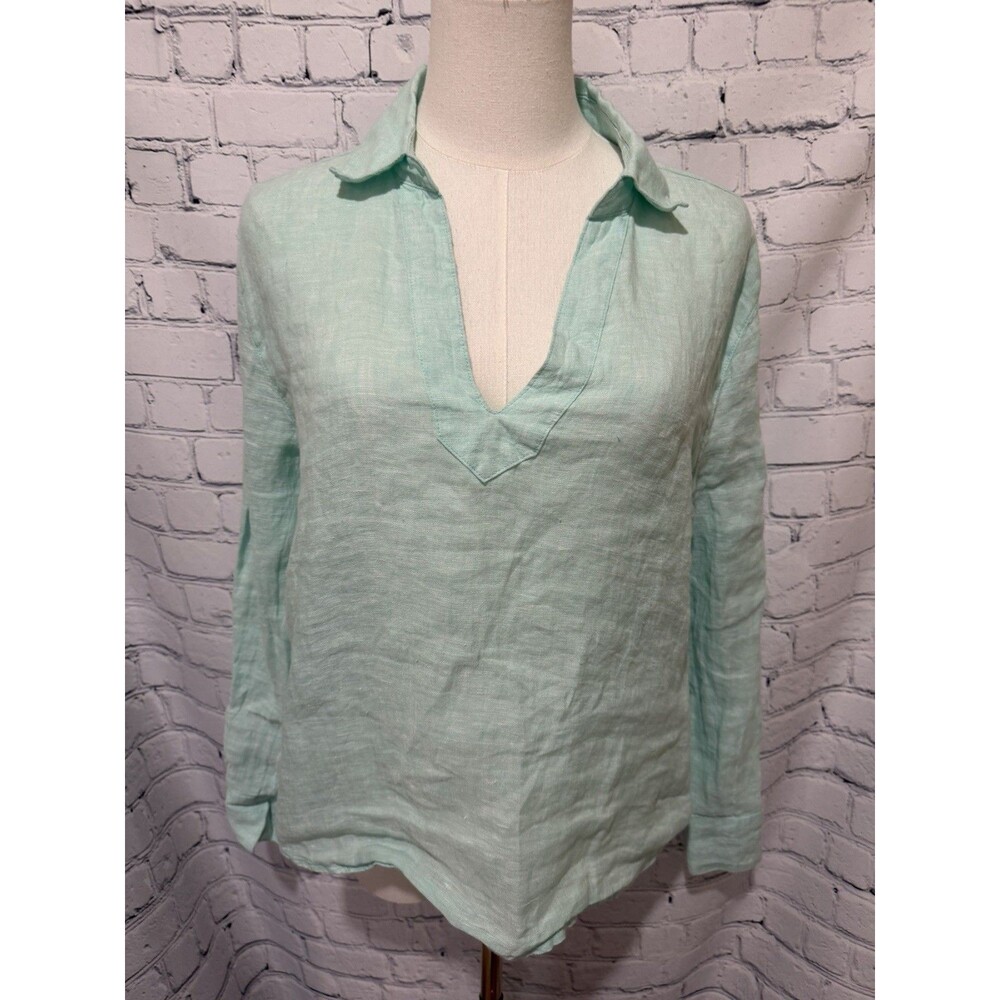 Calypso St. Barth Green 100% Linen V-Neck Tunic Top Coastal Luxury Natural S